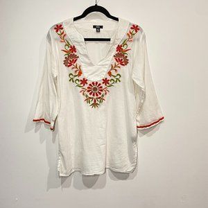 Sol White Embroidered 3/4 Sleeve Tunic Blouse Size Large